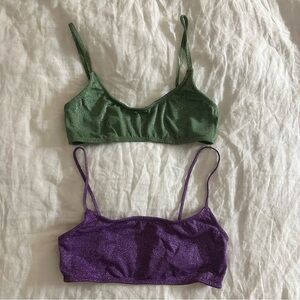 Set of Two Triangl Swim Bikini Tops (Tops Only) in Green and Purple Lurex Size M
